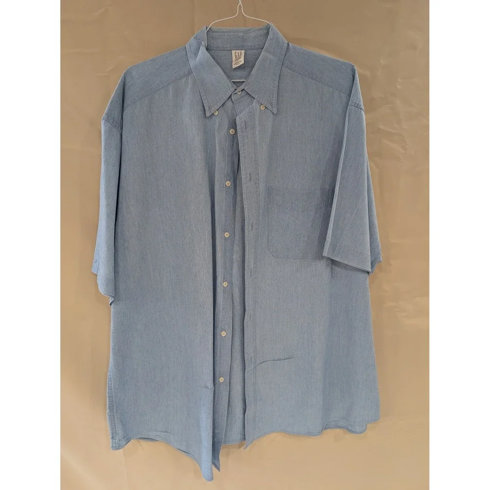 GAP Factory Short Sleeve Button Up Shirt Men's XL Blue Plaid Cotton Vintage - Picture 2 of 4